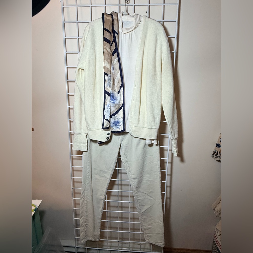 Fabulous ivory cardigan, LLBean turtle neck, Lucky Brand corduroys